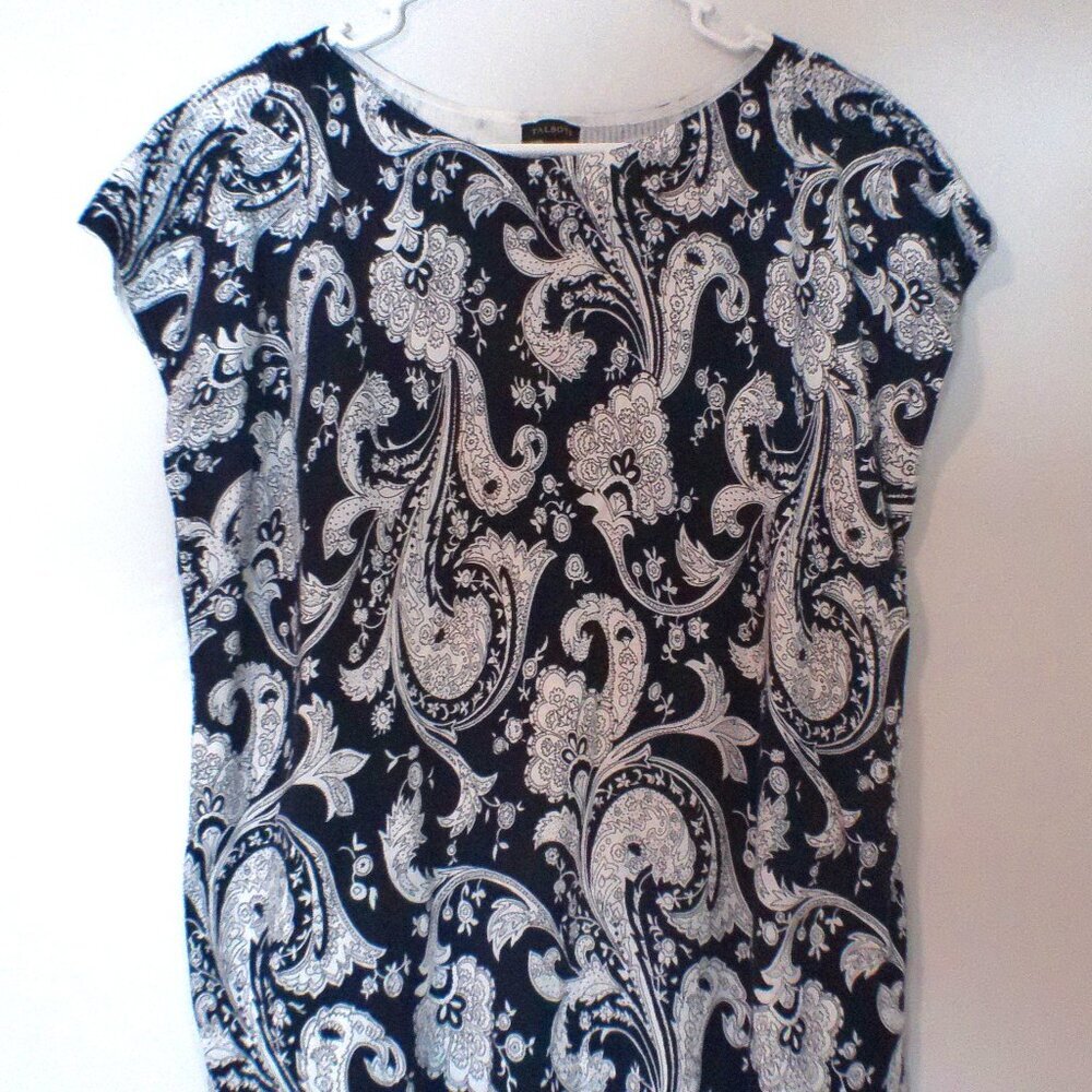 Talbots Paisley Top Women’s XL Navy White Cotton Rayon Short Sleeve Blouse